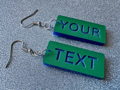 Custom Text Earrings: Laser Engraved Words, Green with Blue Text, Letters, Names, Teacher Gift, Anniversary, Best Gifts for Her/Him/Them