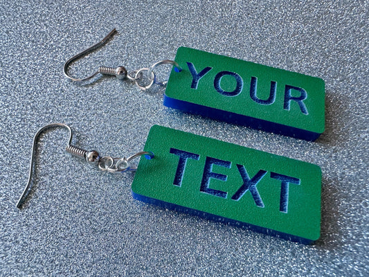 Custom Text Earrings: Laser Engraved Words, Green with Blue Text, Letters, Names, Teacher Gift, Anniversary, Best Gifts for Her/Him/Them