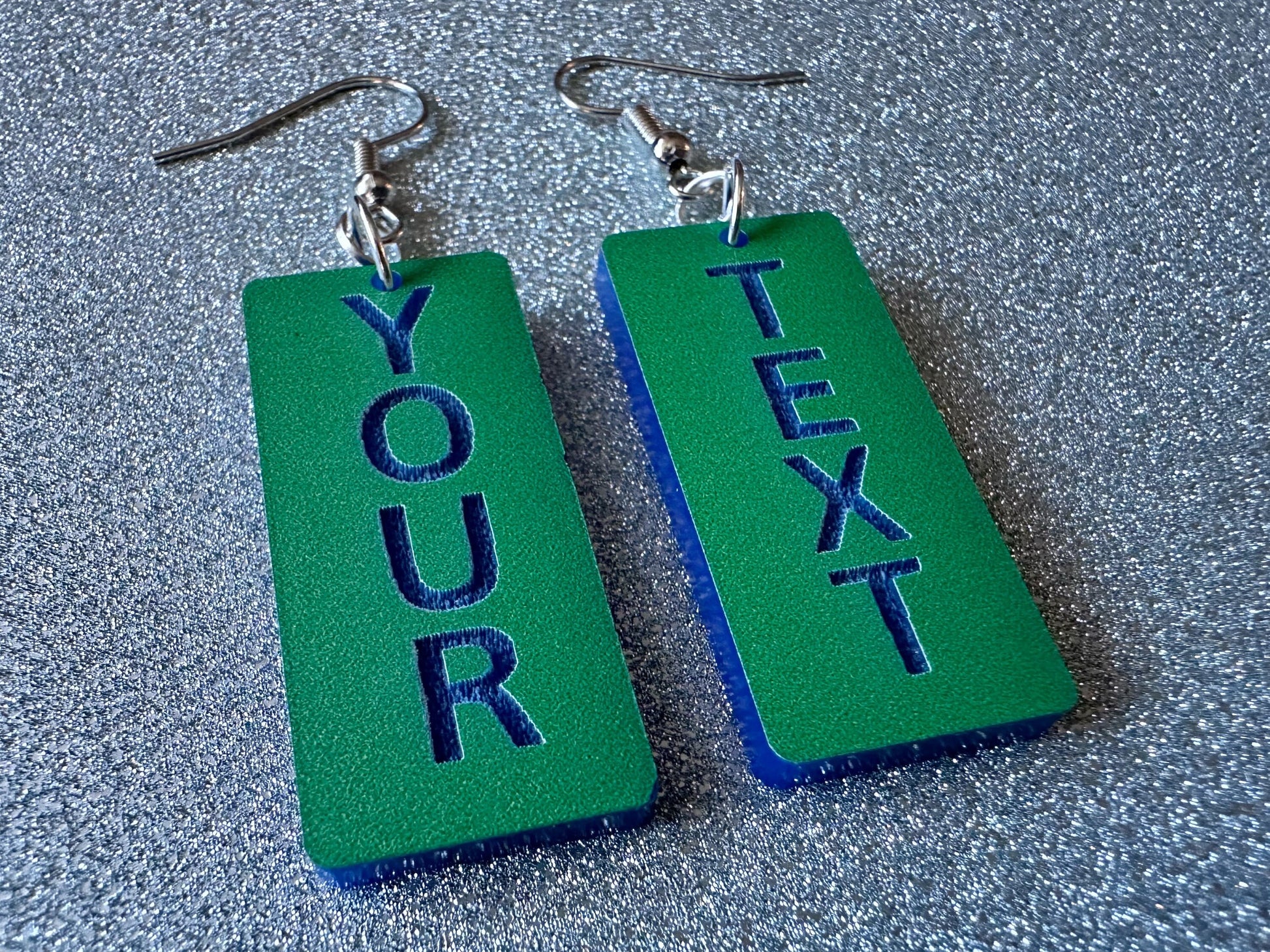 Custom Text Earrings: Laser Engraved Words, Green with Blue Text, Letters, Names, Teacher Gift, Anniversary, Best Gifts for Her/Him/Them