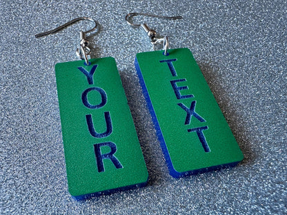 Custom Text Earrings: Laser Engraved Words, Green with Blue Text, Letters, Names, Teacher Gift, Anniversary, Best Gifts for Her/Him/Them