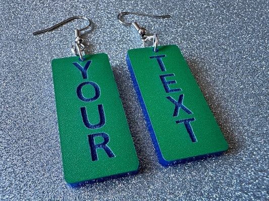 Custom Text Earrings: Laser Engraved Words, Green with Blue Text, Letters, Names, Teacher Gift, Anniversary, Best Gifts for Her/Him/Them