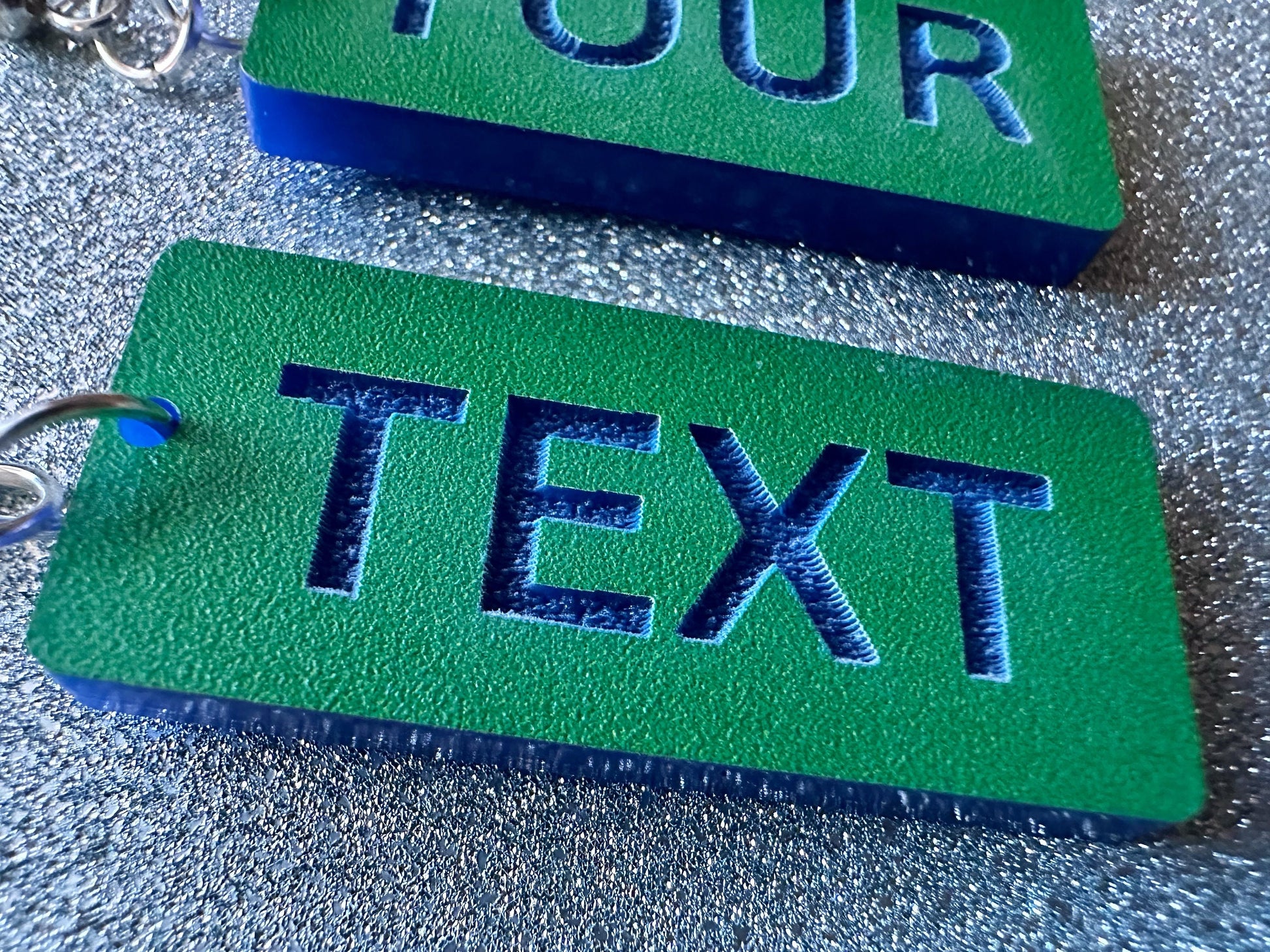 Custom Text Earrings: Laser Engraved Words, Green with Blue Text, Letters, Names, Teacher Gift, Anniversary, Best Gifts for Her/Him/Them
