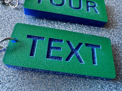Custom Text Earrings: Laser Engraved Words, Green with Blue Text, Letters, Names, Teacher Gift, Anniversary, Best Gifts for Her/Him/Them