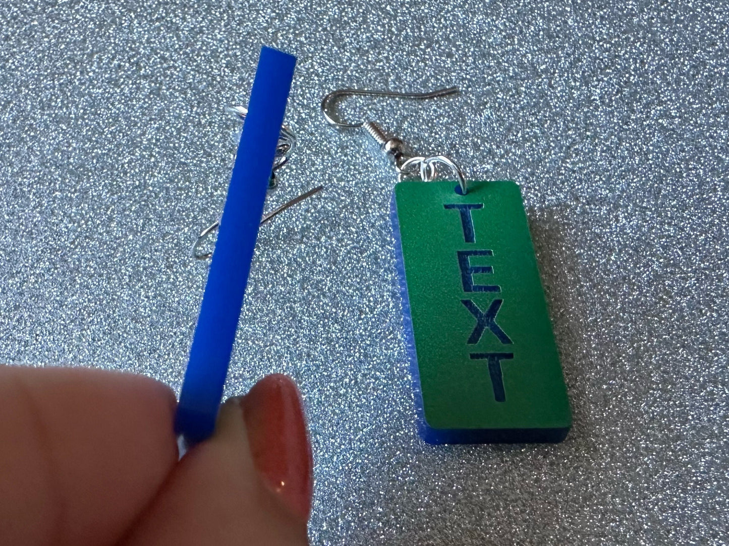 Custom Text Earrings: Laser Engraved Words, Green with Blue Text, Letters, Names, Teacher Gift, Anniversary, Best Gifts for Her/Him/Them