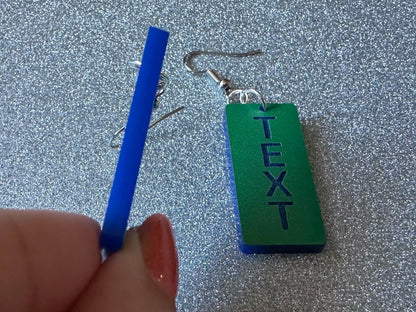 Custom Text Earrings: Laser Engraved Words, Green with Blue Text, Letters, Names, Teacher Gift, Anniversary, Best Gifts for Her/Him/Them