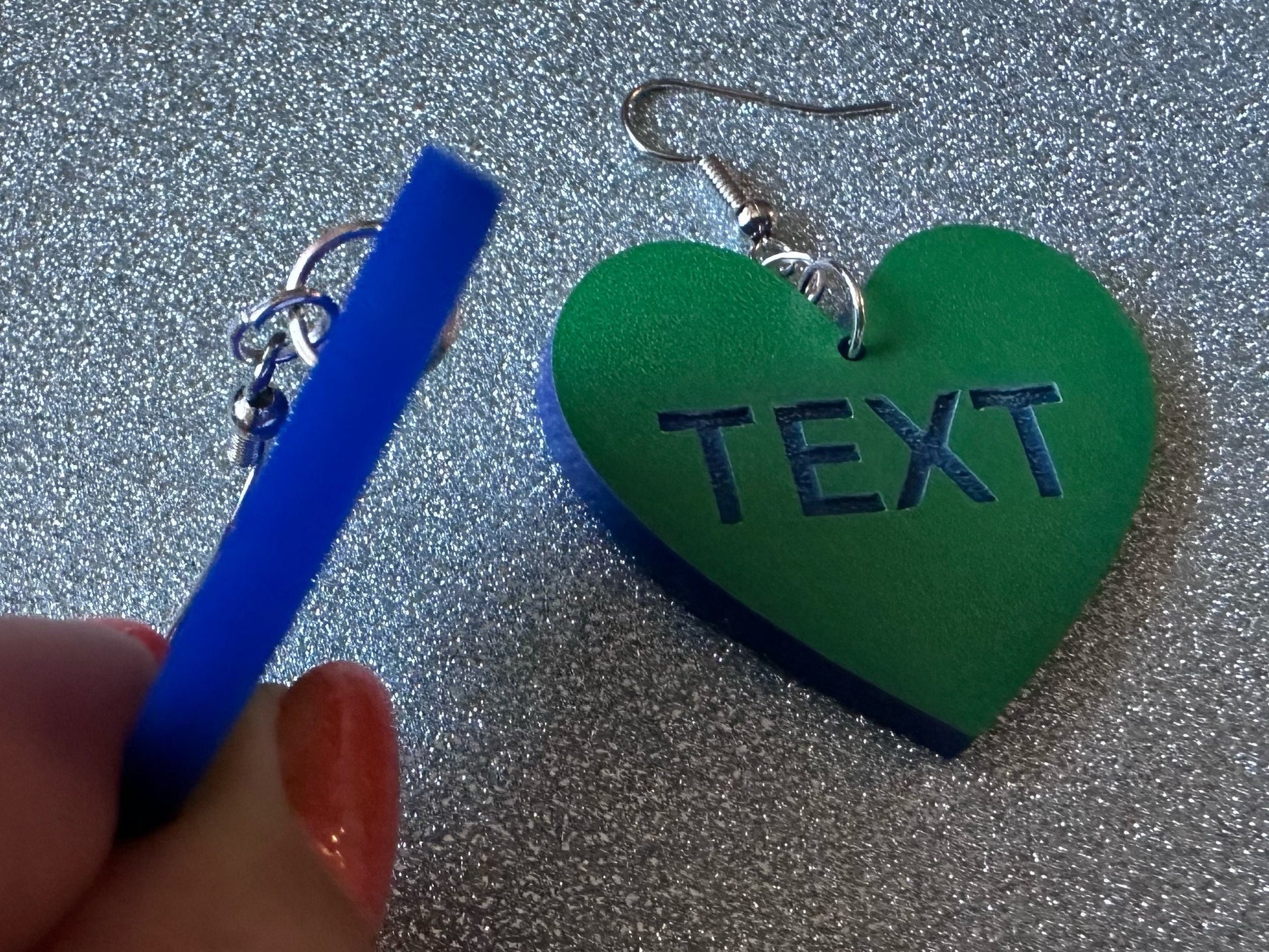 Custom Text Earrings: Laser Engraved Words, Green with Blue Text, Letters, Names, Teacher Gift, Anniversary, Best Gifts for Her/Him/Them
