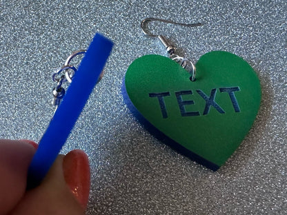 Custom Text Earrings: Laser Engraved Words, Green with Blue Text, Letters, Names, Teacher Gift, Anniversary, Best Gifts for Her/Him/Them