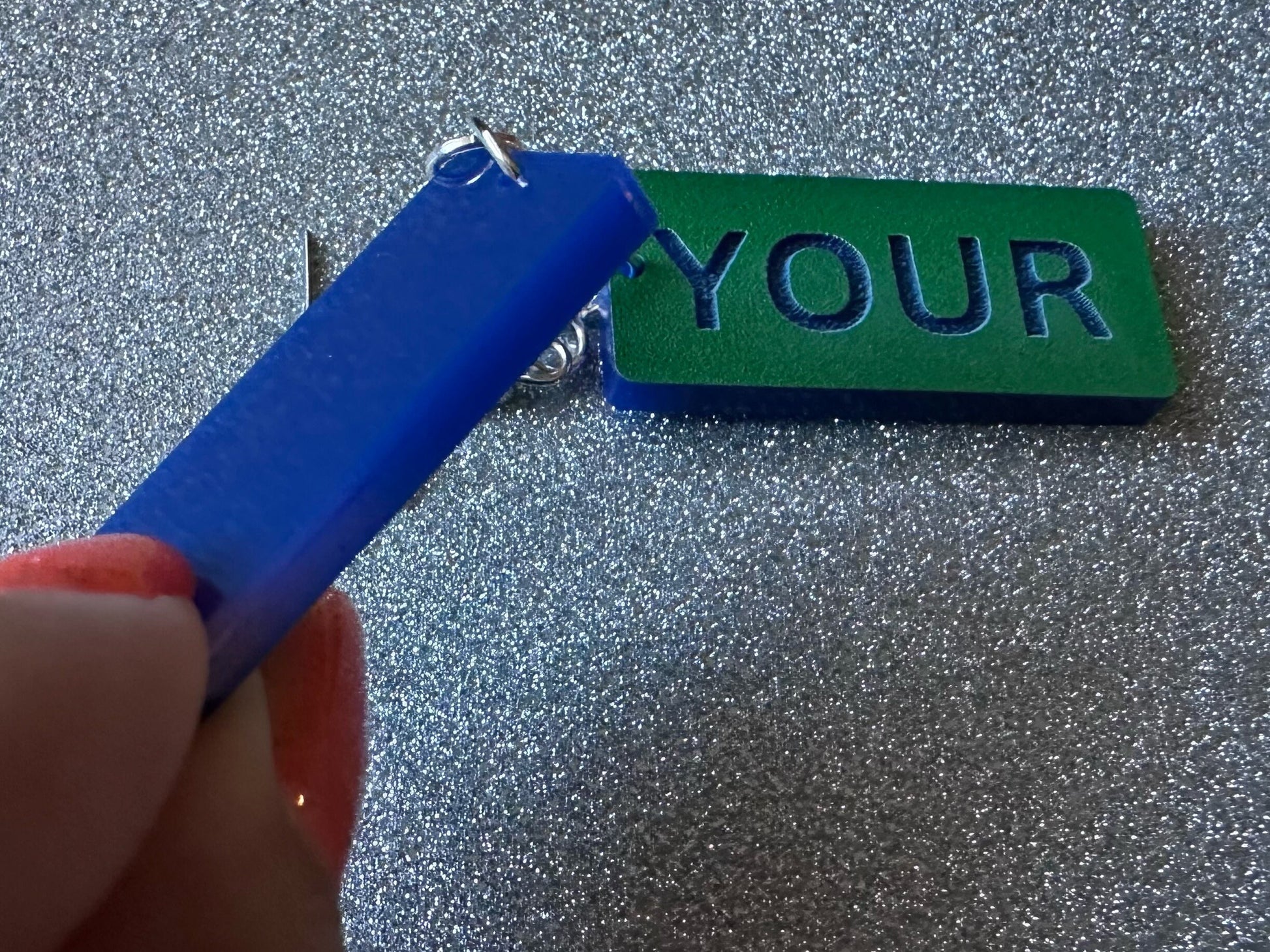 Custom Text Earrings: Laser Engraved Words, Green with Blue Text, Letters, Names, Teacher Gift, Anniversary, Best Gifts for Her/Him/Them