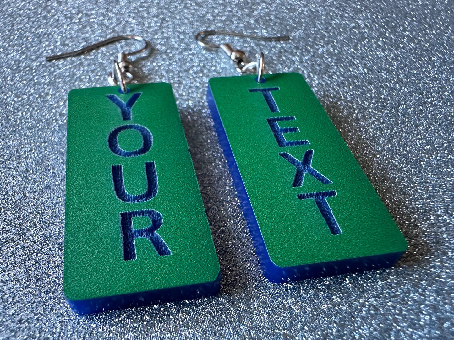 Custom Text Earrings: Laser Engraved Words, Green with Blue Text, Letters, Names, Teacher Gift, Anniversary, Best Gifts for Her/Him/Them