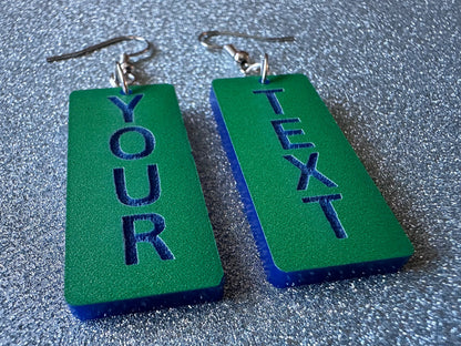 Custom Text Earrings: Laser Engraved Words, Green with Blue Text, Letters, Names, Teacher Gift, Anniversary, Best Gifts for Her/Him/Them