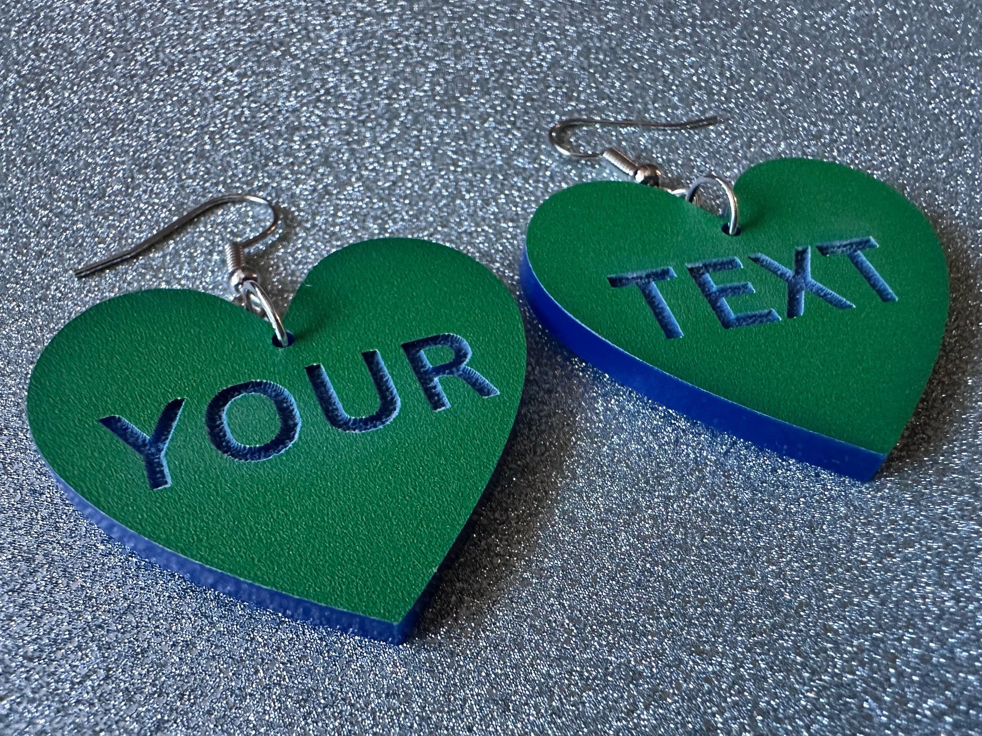 Custom Text Earrings: Laser Engraved Words, Green with Blue Text, Letters, Names, Teacher Gift, Anniversary, Best Gifts for Her/Him/Them