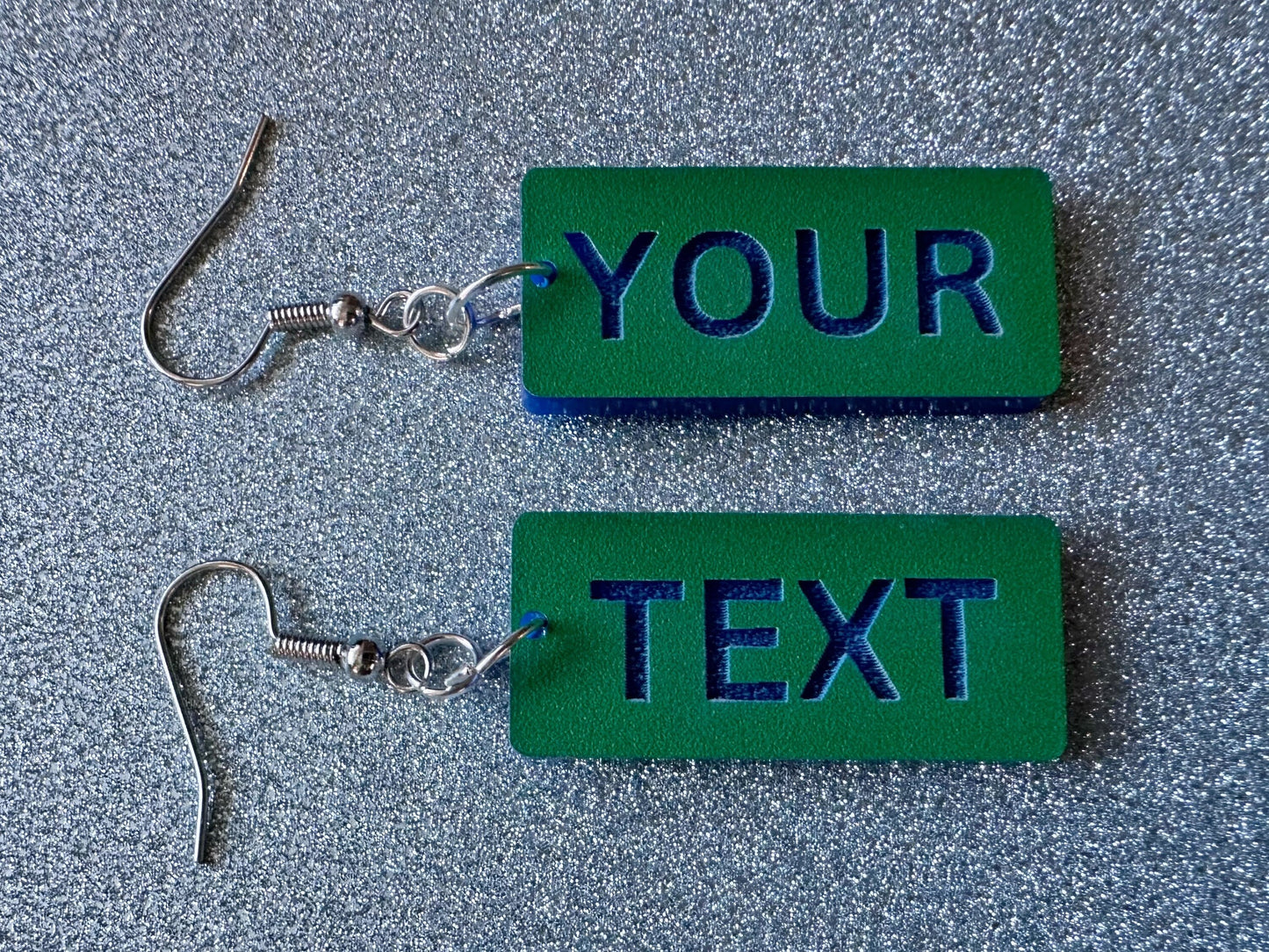 Custom Text Earrings: Laser Engraved Words, Green with Blue Text, Letters, Names, Teacher Gift, Anniversary, Best Gifts for Her/Him/Them