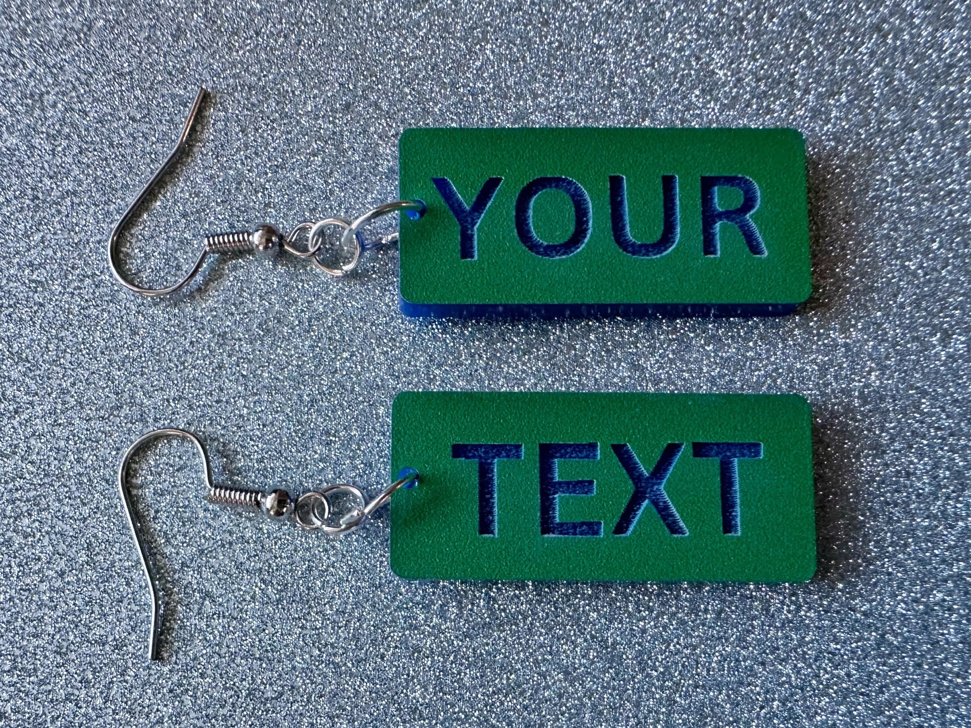 Custom Text Earrings: Laser Engraved Words, Green with Blue Text, Letters, Names, Teacher Gift, Anniversary, Best Gifts for Her/Him/Them