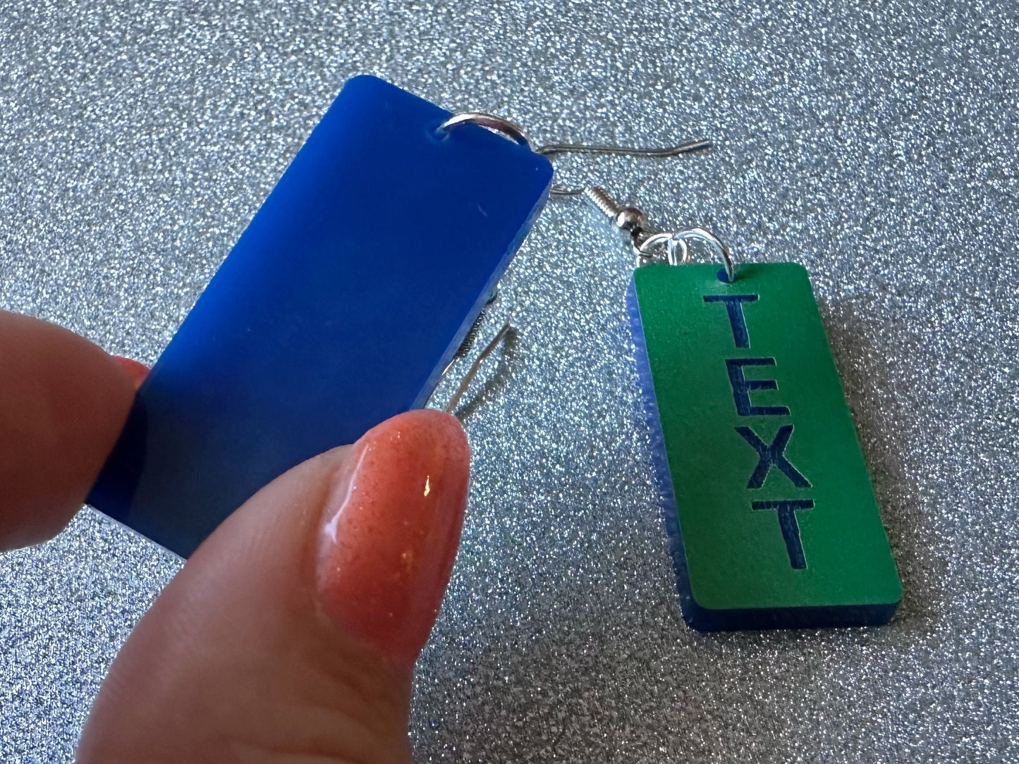 Custom Text Earrings: Laser Engraved Words, Green with Blue Text, Letters, Names, Teacher Gift, Anniversary, Best Gifts for Her/Him/Them