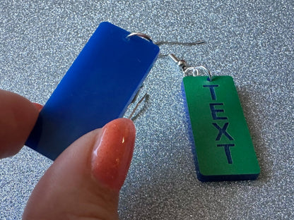 Custom Text Earrings: Laser Engraved Words, Green with Blue Text, Letters, Names, Teacher Gift, Anniversary, Best Gifts for Her/Him/Them