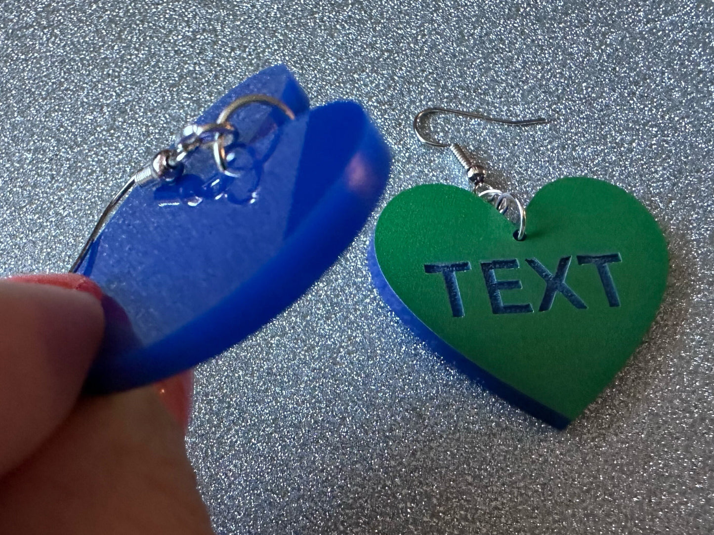Custom Text Earrings: Laser Engraved Words, Green with Blue Text, Letters, Names, Teacher Gift, Anniversary, Best Gifts for Her/Him/Them