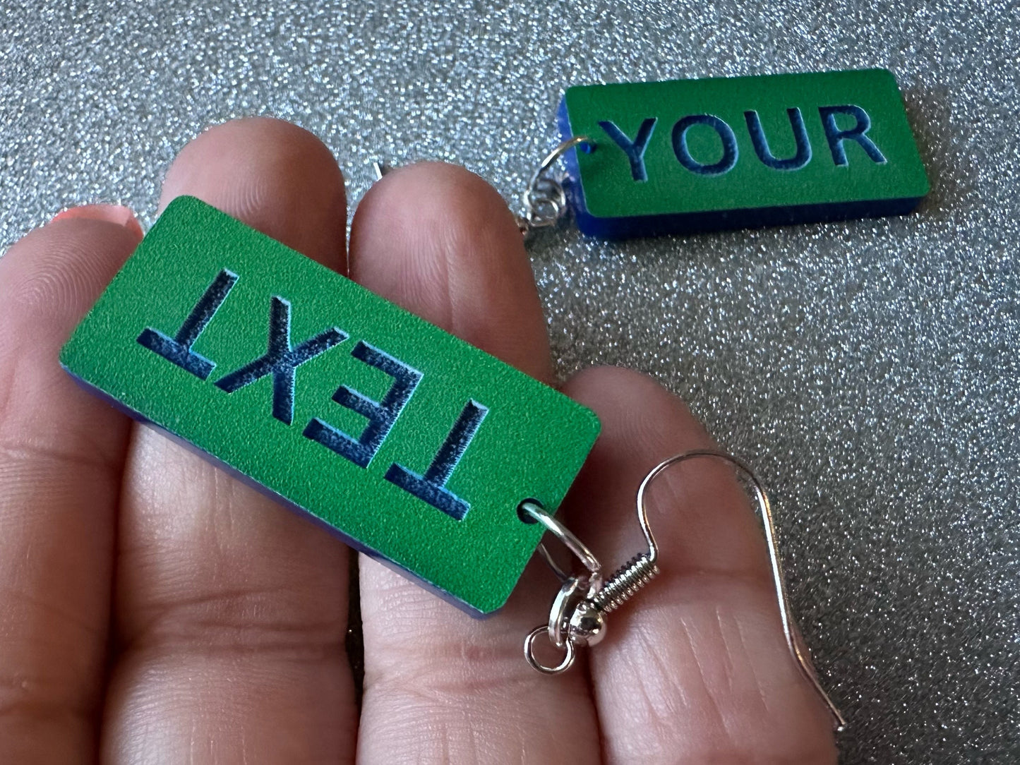 Custom Text Earrings: Laser Engraved Words, Green with Blue Text, Letters, Names, Teacher Gift, Anniversary, Best Gifts for Her/Him/Them