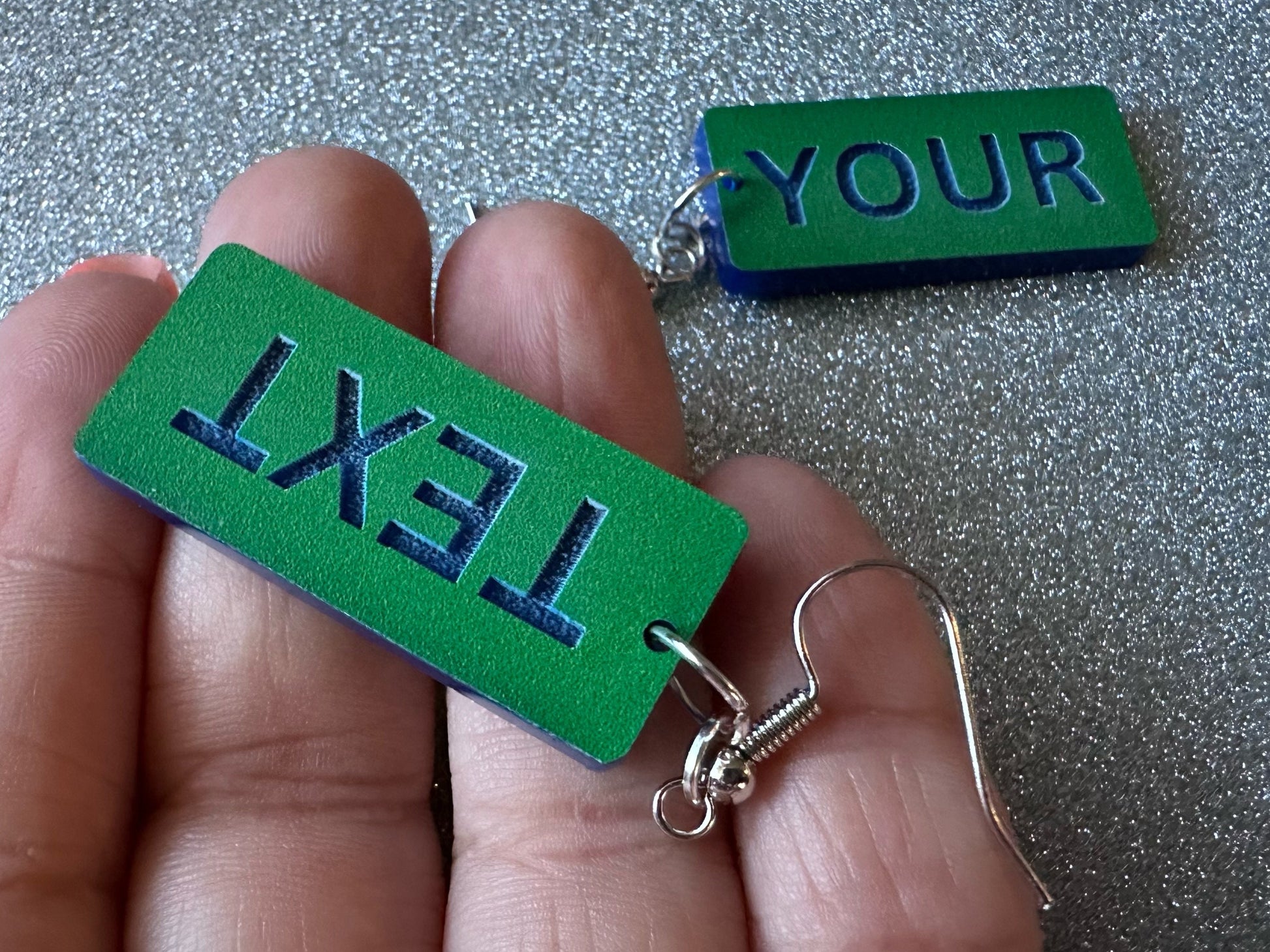 Custom Text Earrings: Laser Engraved Words, Green with Blue Text, Letters, Names, Teacher Gift, Anniversary, Best Gifts for Her/Him/Them
