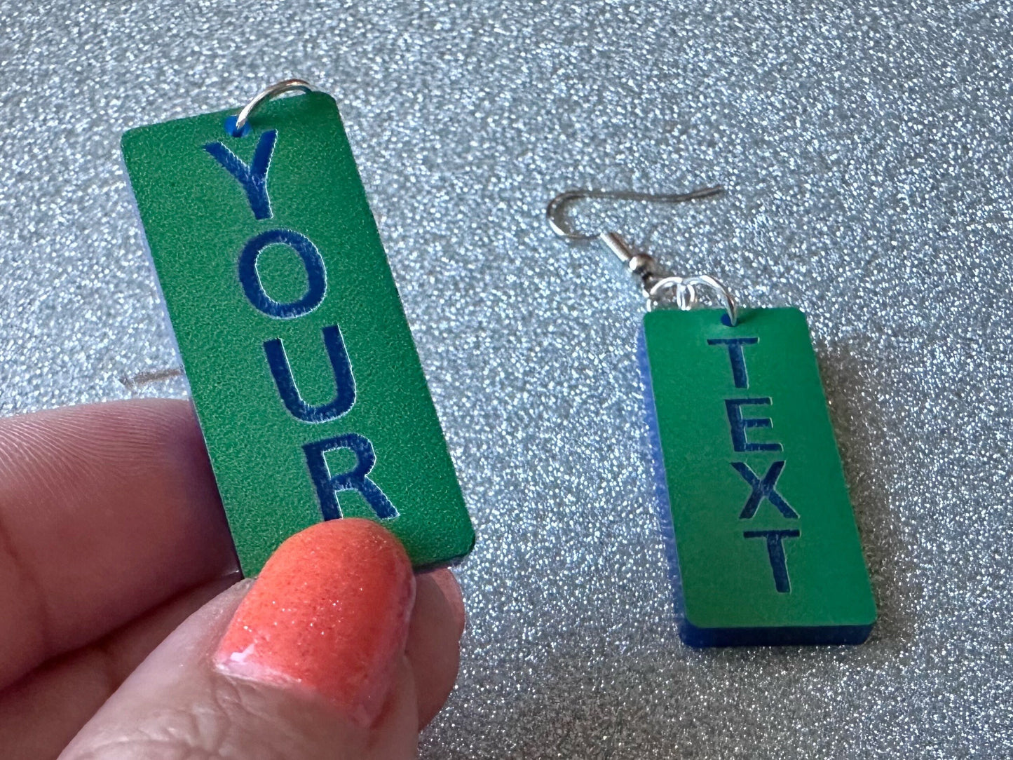 Custom Text Earrings: Laser Engraved Words, Green with Blue Text, Letters, Names, Teacher Gift, Anniversary, Best Gifts for Her/Him/Them