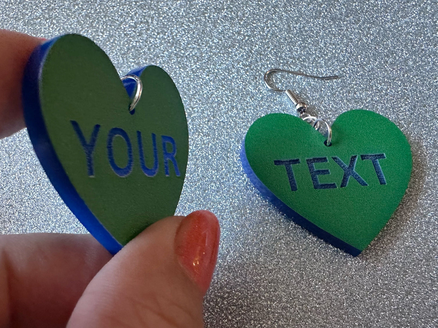Custom Text Earrings: Laser Engraved Words, Green with Blue Text, Letters, Names, Teacher Gift, Anniversary, Best Gifts for Her/Him/Them