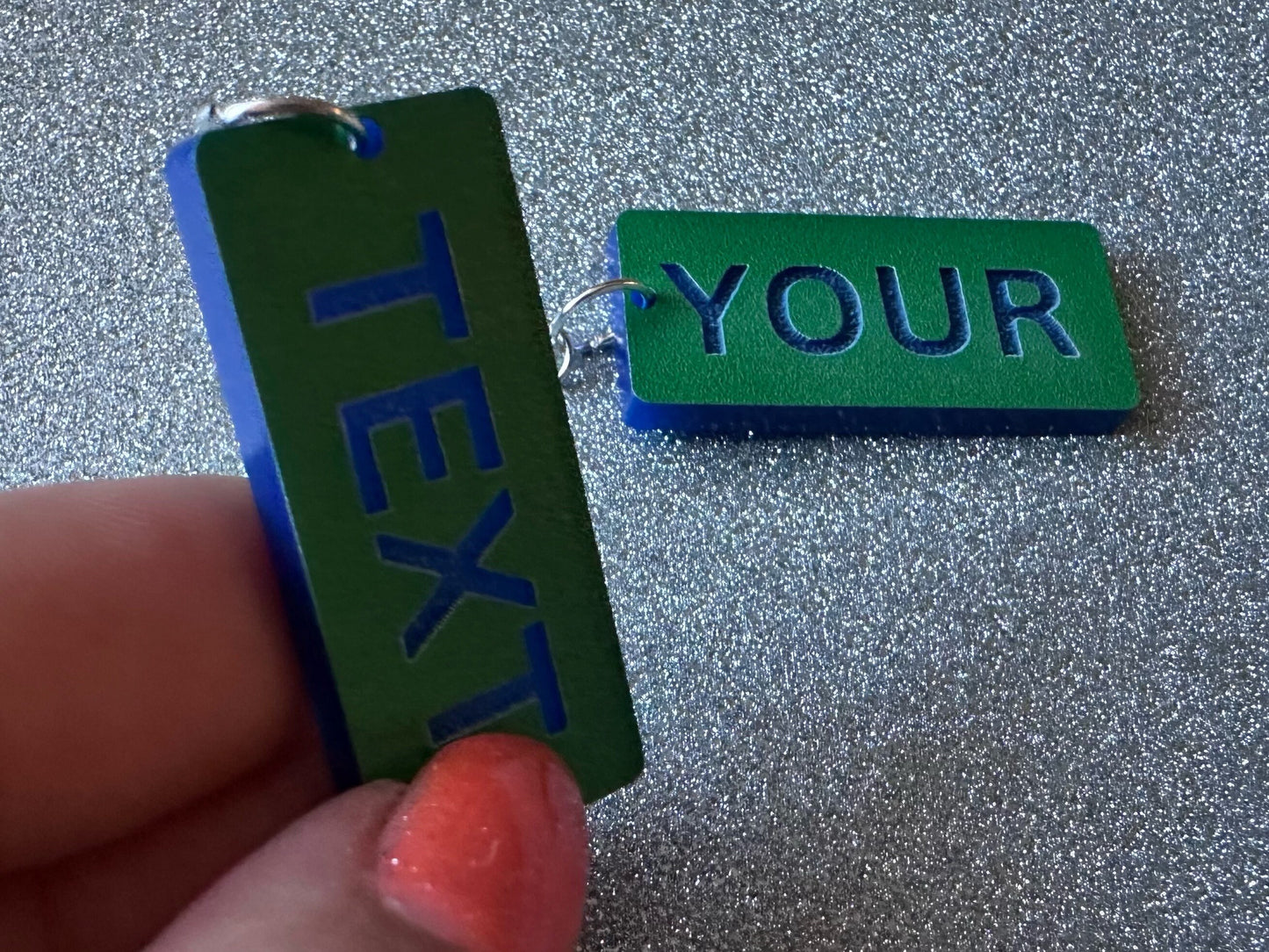 Custom Text Earrings: Laser Engraved Words, Green with Blue Text, Letters, Names, Teacher Gift, Anniversary, Best Gifts for Her/Him/Them