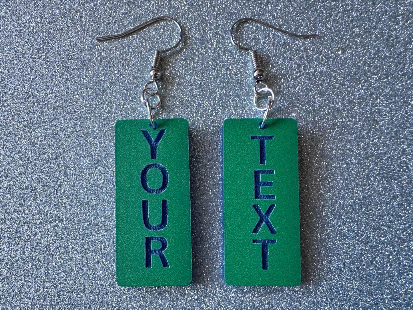 Custom Text Earrings: Laser Engraved Words, Green with Blue Text, Letters, Names, Teacher Gift, Anniversary, Best Gifts for Her/Him/Them