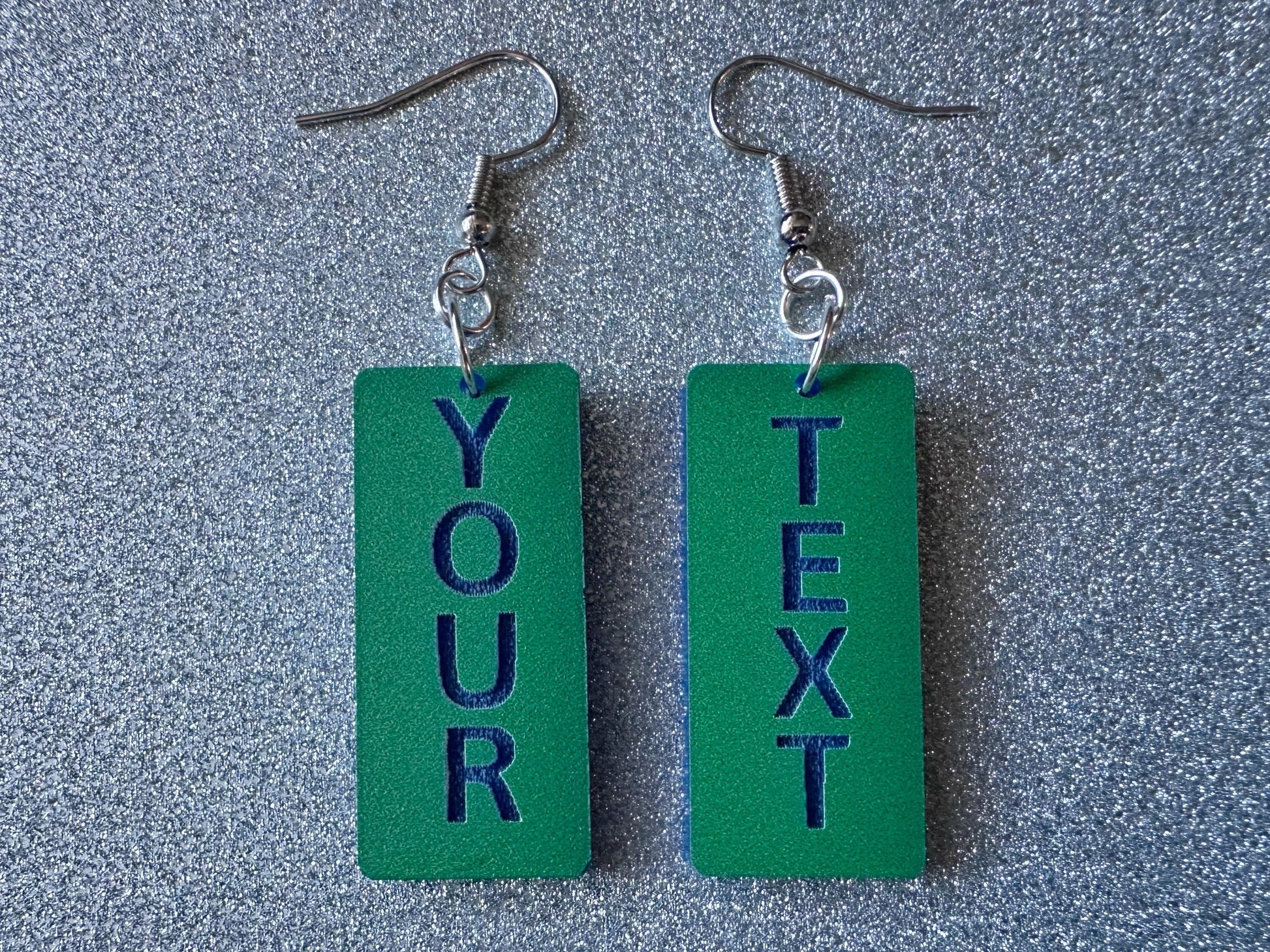 Custom Text Earrings: Laser Engraved Words, Green with Blue Text, Letters, Names, Teacher Gift, Anniversary, Best Gifts for Her/Him/Them