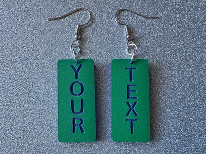 Custom Text Earrings: Laser Engraved Words, Green with Blue Text, Letters, Names, Teacher Gift, Anniversary, Best Gifts for Her/Him/Them