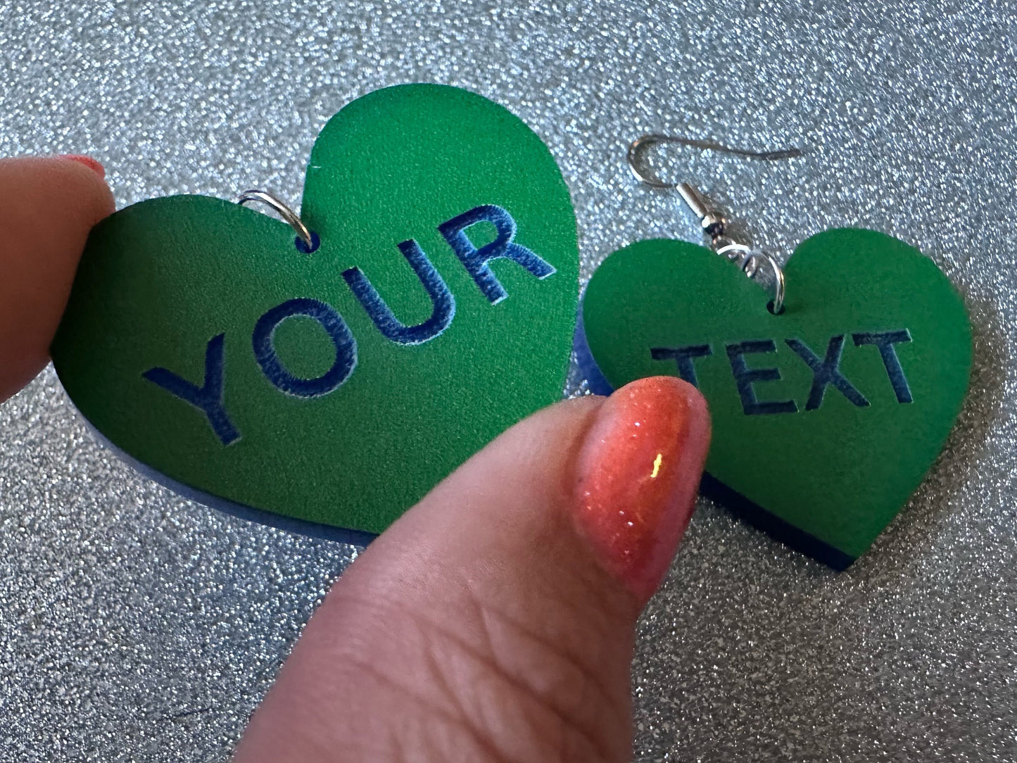 Custom Text Earrings: Laser Engraved Words, Green with Blue Text, Letters, Names, Teacher Gift, Anniversary, Best Gifts for Her/Him/Them