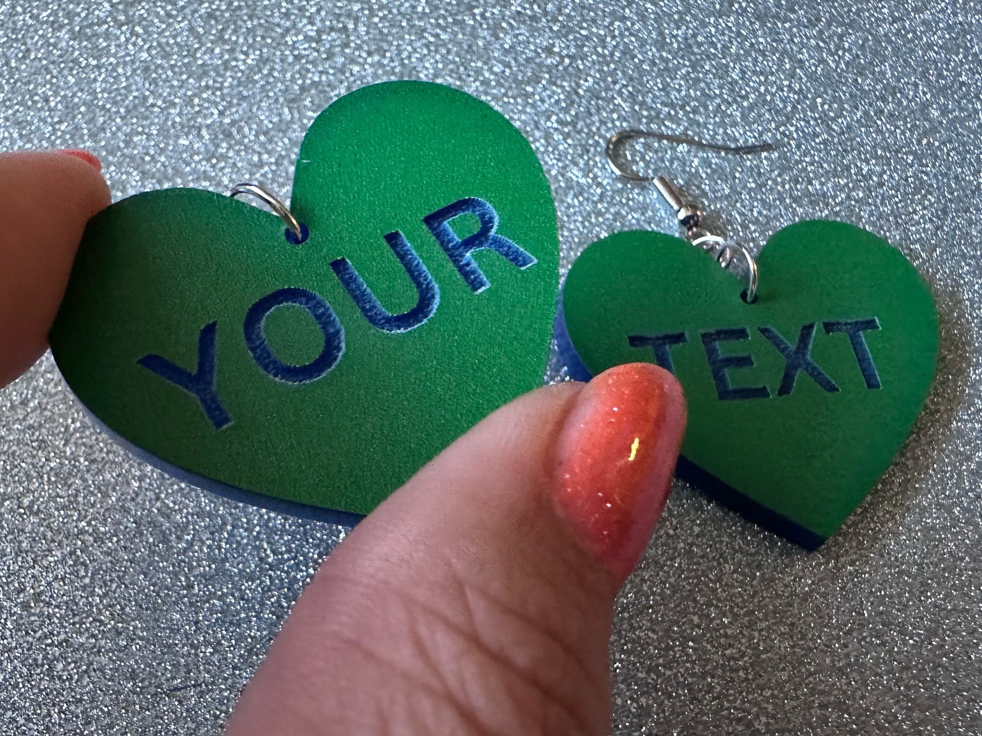 Custom Text Earrings: Laser Engraved Words, Green with Blue Text, Letters, Names, Teacher Gift, Anniversary, Best Gifts for Her/Him/Them