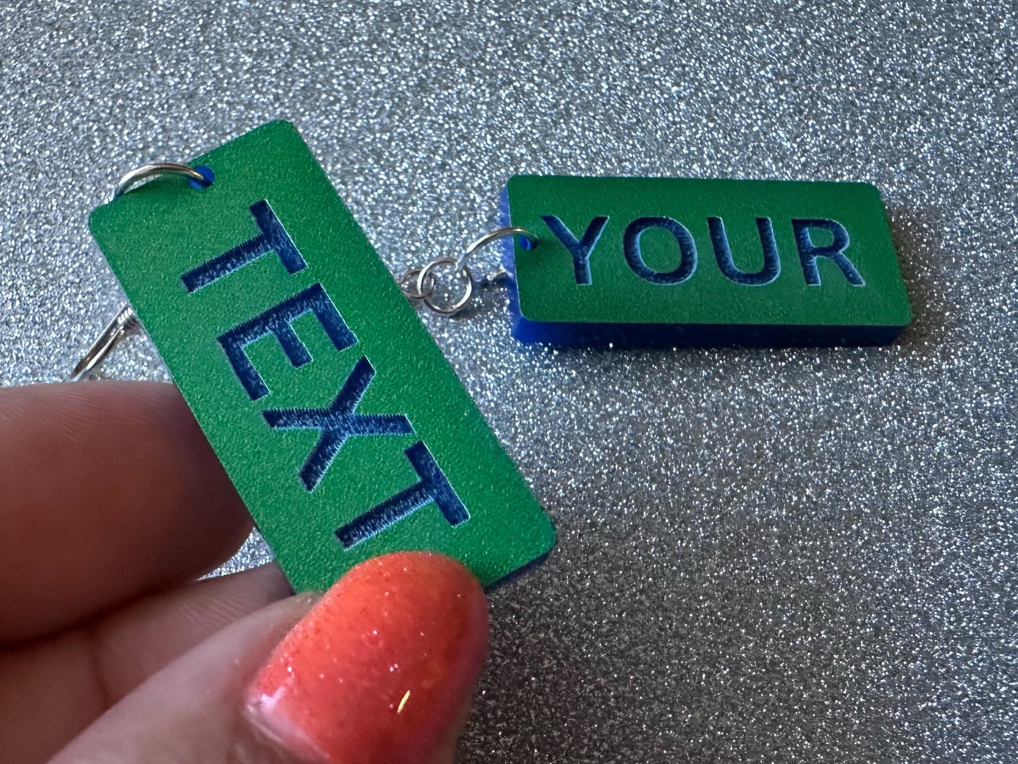 Custom Text Earrings: Laser Engraved Words, Green with Blue Text, Letters, Names, Teacher Gift, Anniversary, Best Gifts for Her/Him/Them