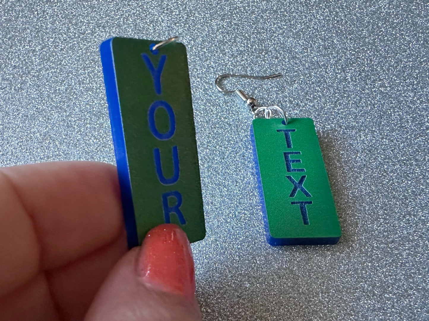 Custom Text Earrings: Laser Engraved Words, Green with Blue Text, Letters, Names, Teacher Gift, Anniversary, Best Gifts for Her/Him/Them
