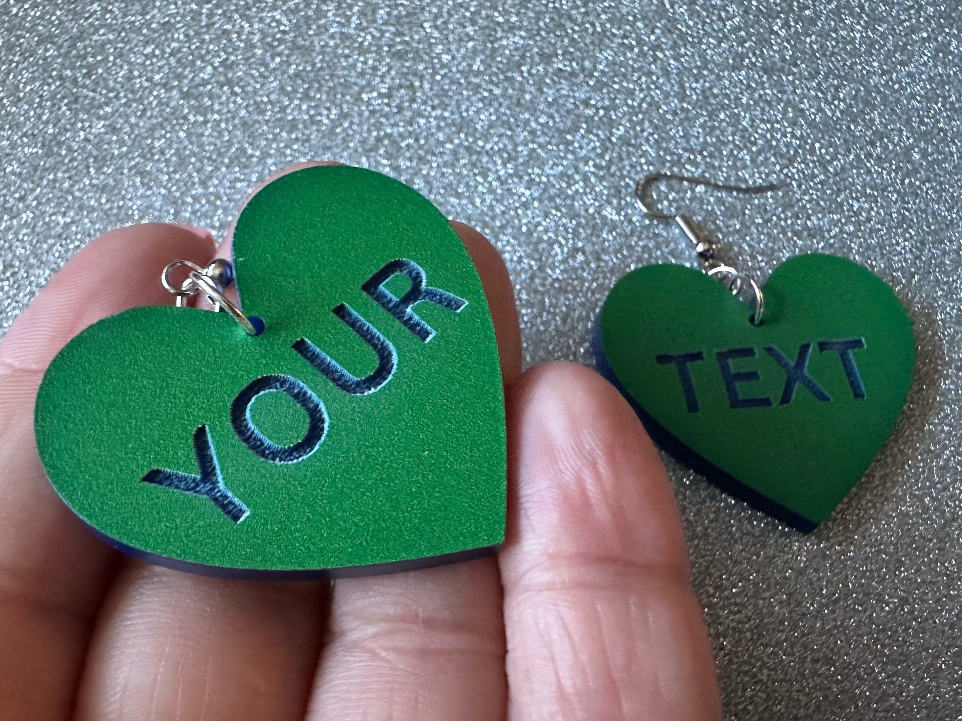 Custom Text Earrings: Laser Engraved Words, Green with Blue Text, Letters, Names, Teacher Gift, Anniversary, Best Gifts for Her/Him/Them