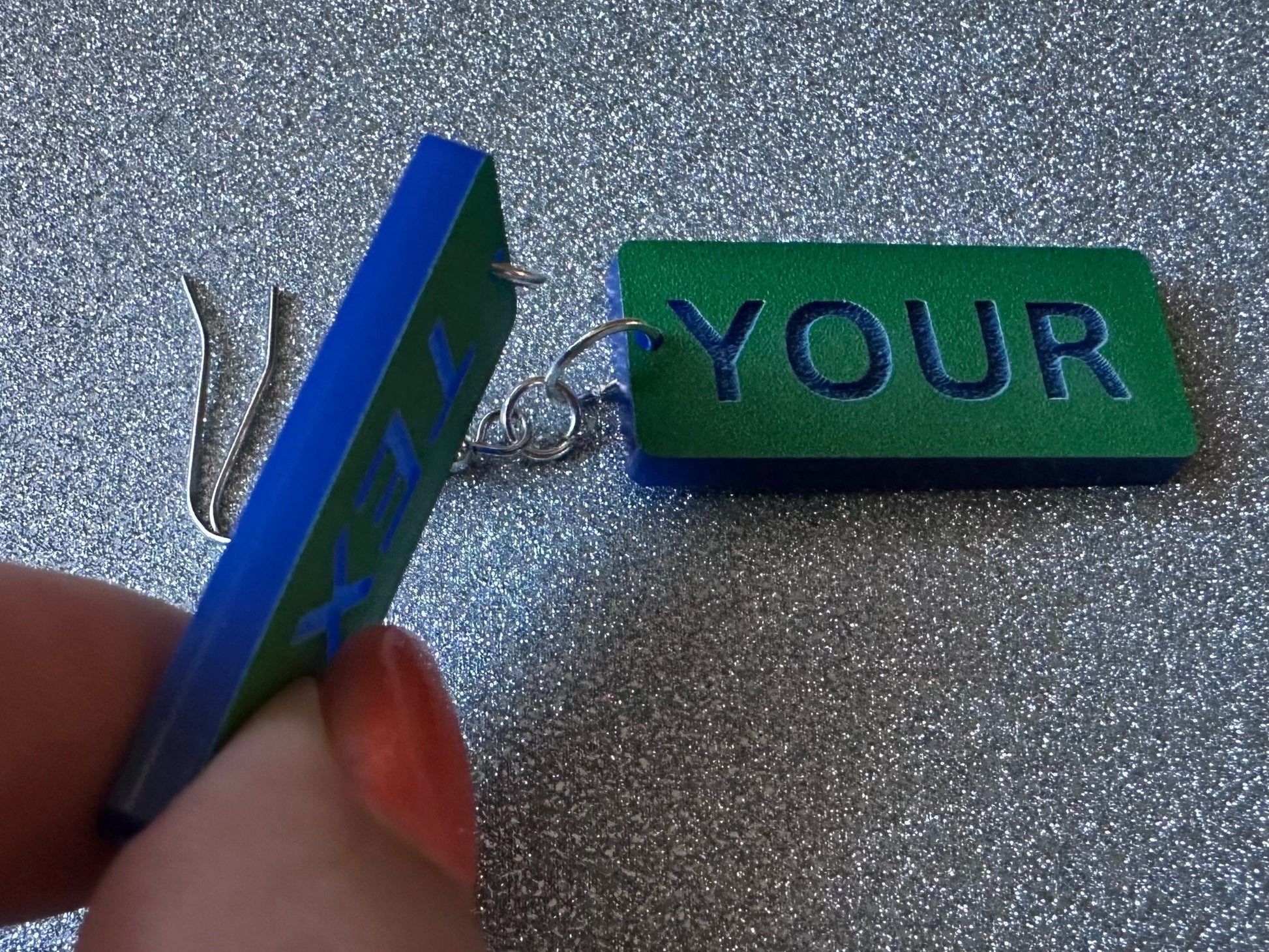 Custom Text Earrings: Laser Engraved Words, Green with Blue Text, Letters, Names, Teacher Gift, Anniversary, Best Gifts for Her/Him/Them