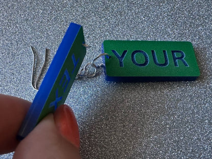 Custom Text Earrings: Laser Engraved Words, Green with Blue Text, Letters, Names, Teacher Gift, Anniversary, Best Gifts for Her/Him/Them
