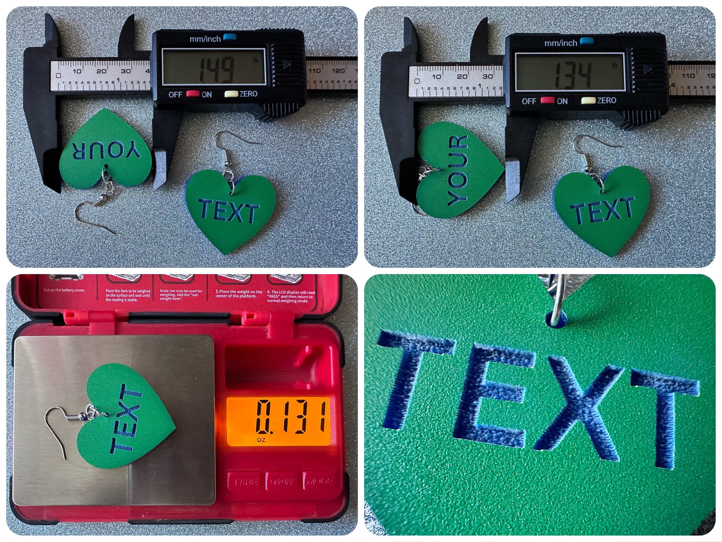 Custom Text Earrings: Laser Engraved Words, Green with Blue Text, Letters, Names, Teacher Gift, Anniversary, Best Gifts for Her/Him/Them
