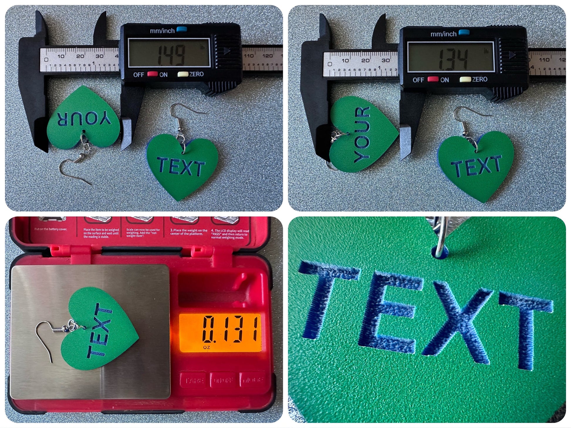 Custom Text Earrings: Laser Engraved Words, Green with Blue Text, Letters, Names, Teacher Gift, Anniversary, Best Gifts for Her/Him/Them