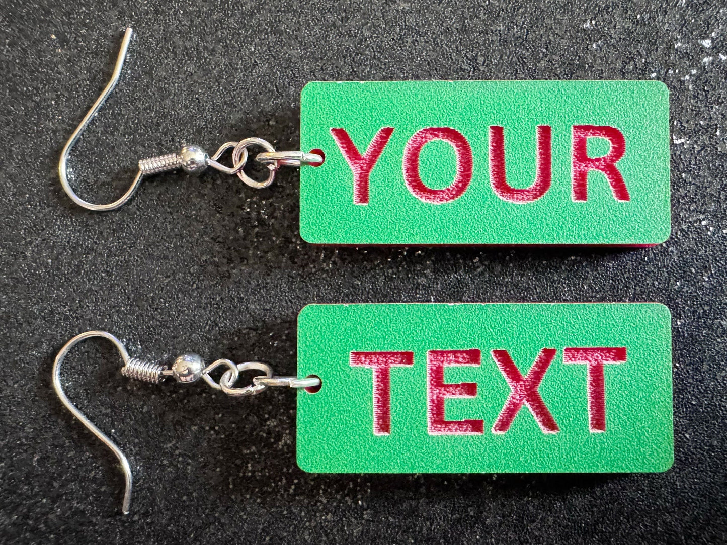 Custom Text Earrings: Laser Engraved Words, Green with Red Text, Letters, Names, Teacher Gift, Anniversary, Best Gifts for Her/Him/Them