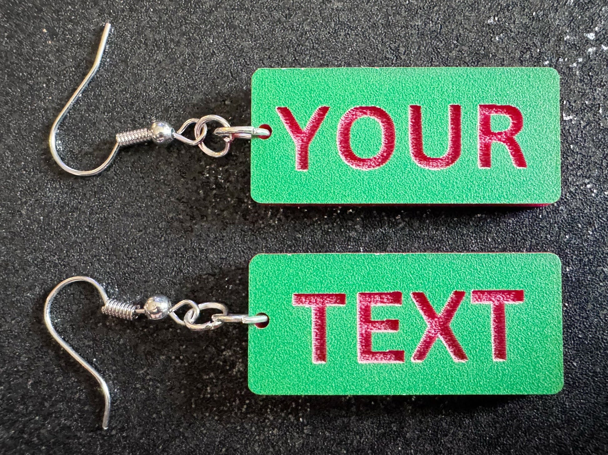 Custom Text Earrings: Laser Engraved Words, Green with Red Text, Letters, Names, Teacher Gift, Anniversary, Best Gifts for Her/Him/Them