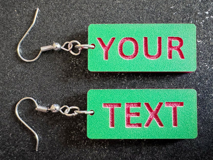 Custom Text Earrings: Laser Engraved Words, Green with Red Text, Letters, Names, Teacher Gift, Anniversary, Best Gifts for Her/Him/Them