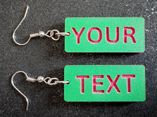 Custom Text Earrings: Laser Engraved Words, Green with Red Text, Letters, Names, Teacher Gift, Anniversary, Best Gifts for Her/Him/Them