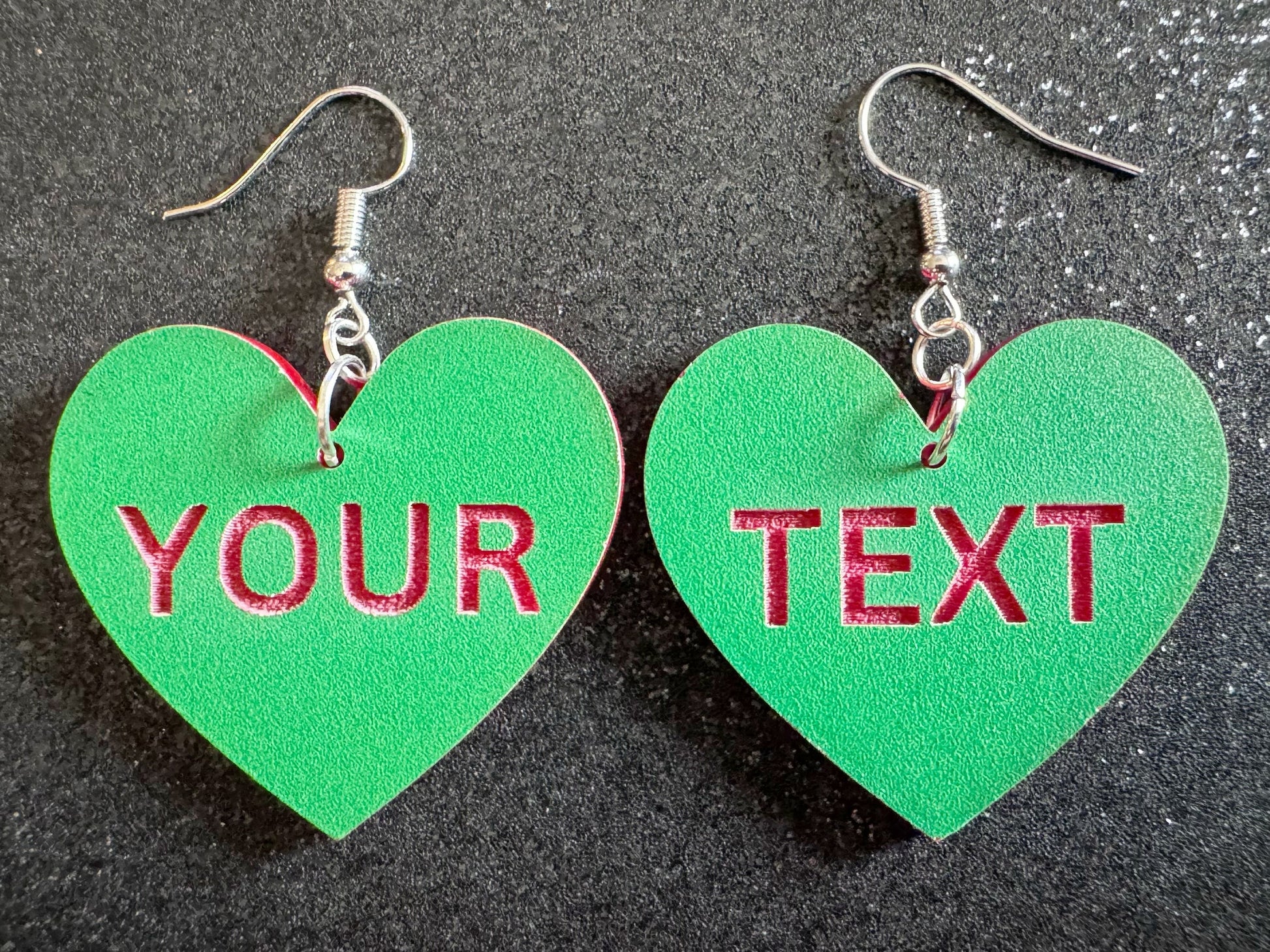Custom Text Earrings: Laser Engraved Words, Green with Red Text, Letters, Names, Teacher Gift, Anniversary, Best Gifts for Her/Him/Them