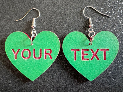 Custom Text Earrings: Laser Engraved Words, Green with Red Text, Letters, Names, Teacher Gift, Anniversary, Best Gifts for Her/Him/Them