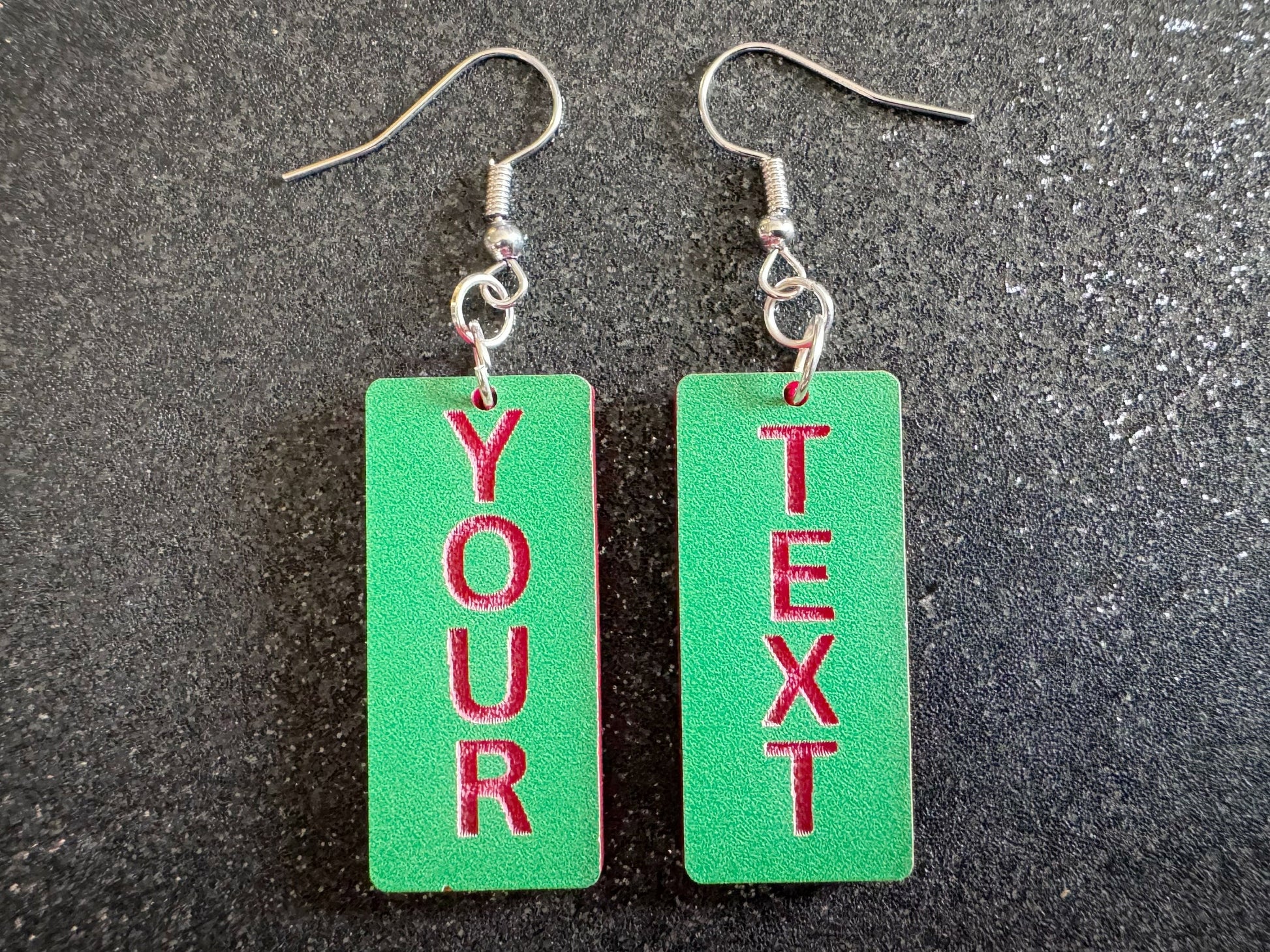 Custom Text Earrings: Laser Engraved Words, Green with Red Text, Letters, Names, Teacher Gift, Anniversary, Best Gifts for Her/Him/Them