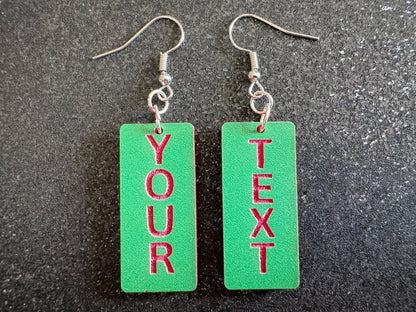 Custom Text Earrings: Laser Engraved Words, Green with Red Text, Letters, Names, Teacher Gift, Anniversary, Best Gifts for Her/Him/Them