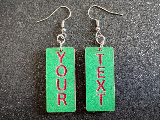 Custom Text Earrings: Laser Engraved Words, Green with Red Text, Letters, Names, Teacher Gift, Anniversary, Best Gifts for Her/Him/Them