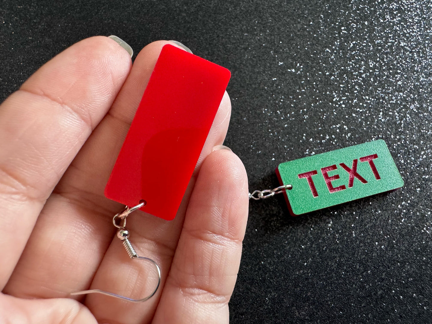 Custom Text Earrings: Laser Engraved Words, Green with Red Text, Letters, Names, Teacher Gift, Anniversary, Best Gifts for Her/Him/Them