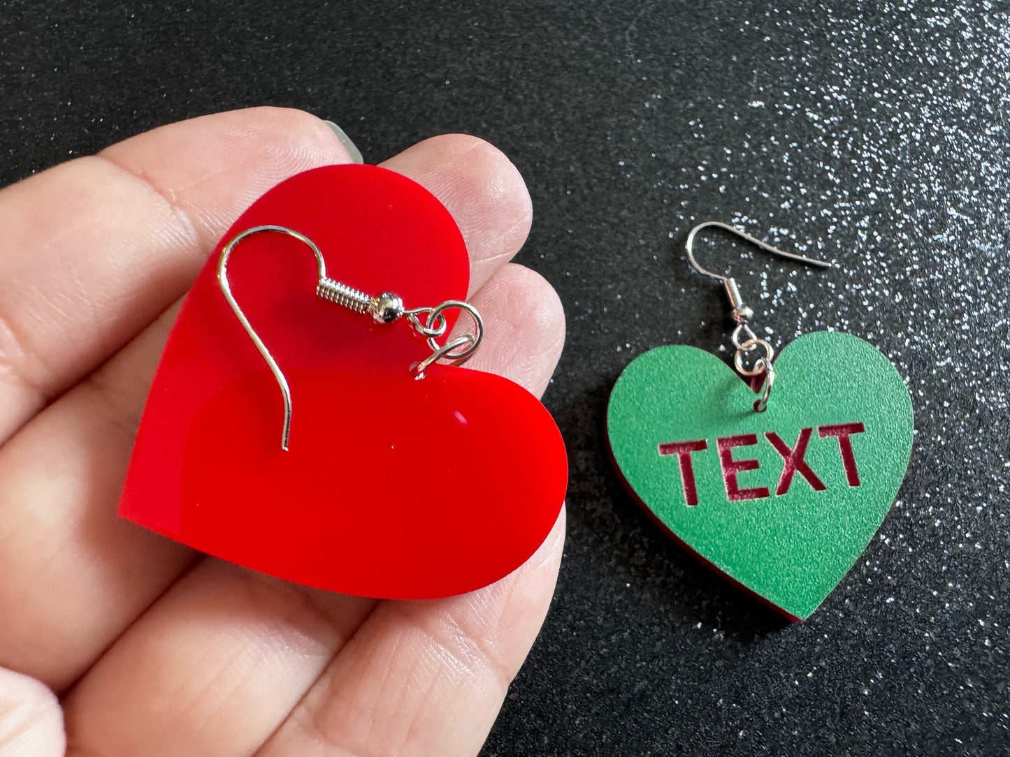 Custom Text Earrings: Laser Engraved Words, Green with Red Text, Letters, Names, Teacher Gift, Anniversary, Best Gifts for Her/Him/Them