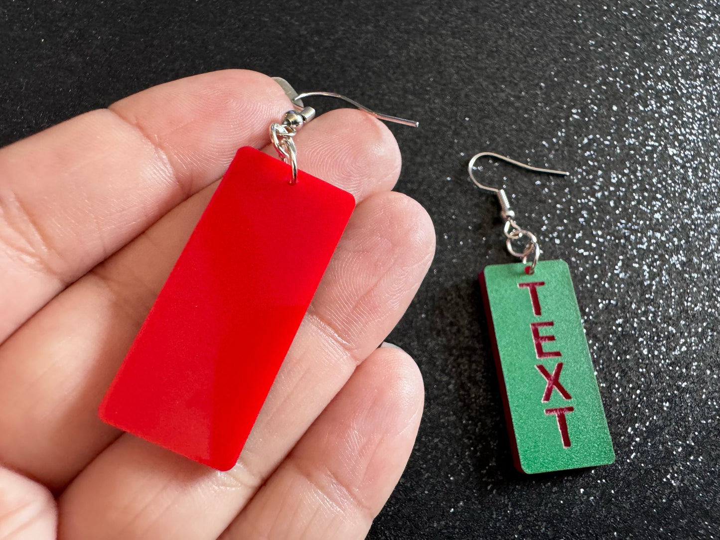 Custom Text Earrings: Laser Engraved Words, Green with Red Text, Letters, Names, Teacher Gift, Anniversary, Best Gifts for Her/Him/Them