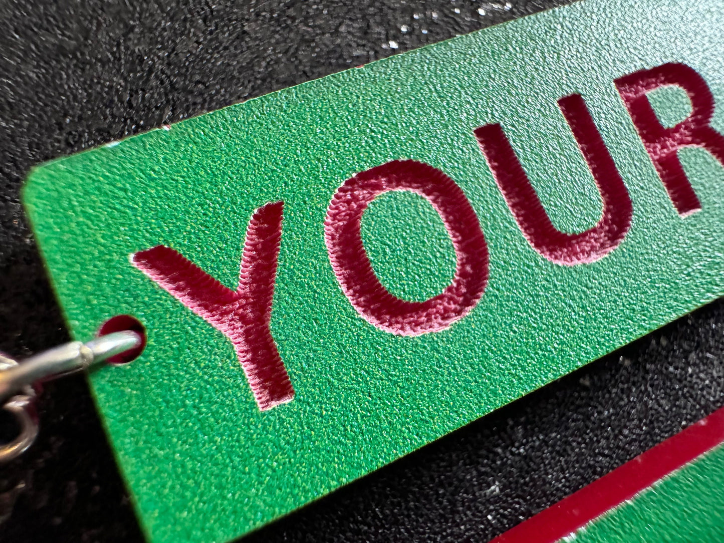 Custom Text Earrings: Laser Engraved Words, Green with Red Text, Letters, Names, Teacher Gift, Anniversary, Best Gifts for Her/Him/Them